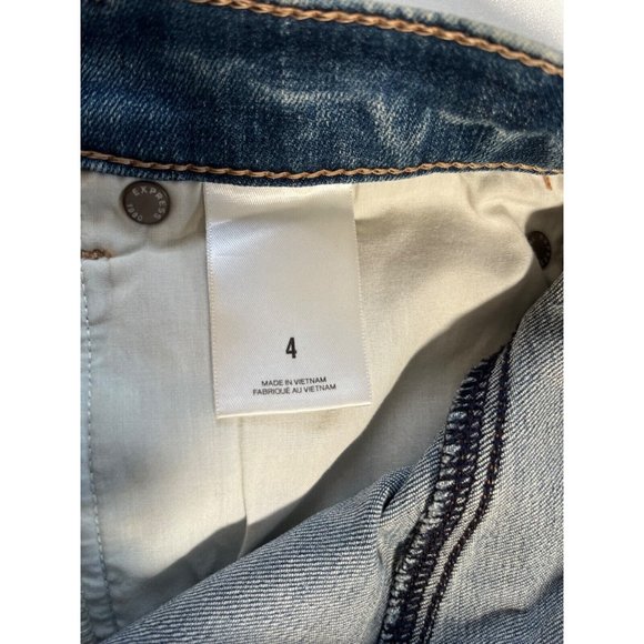 EXPRESS Bedazzled Gemstone Jean Mini Skirt Distressed Raw Hem Medium Light Sz 4 - Picture 7 of 16